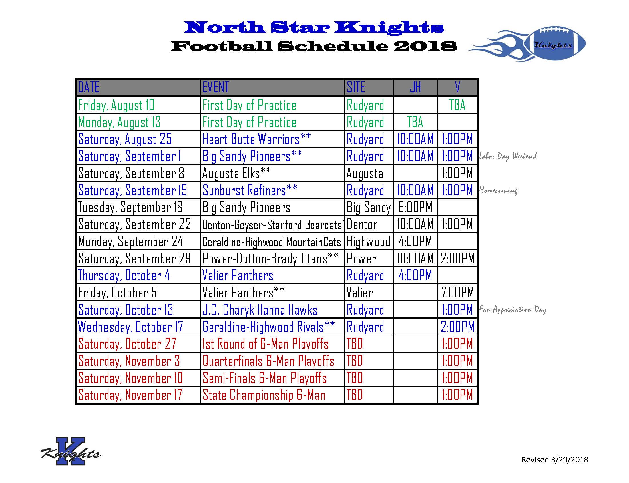 2018 Junior High and High School Football Schedule

